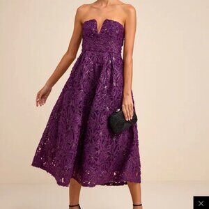 Lulus Ryla Purple Textured Sequin Strapless Midi Dress - M, Brand new/tags on